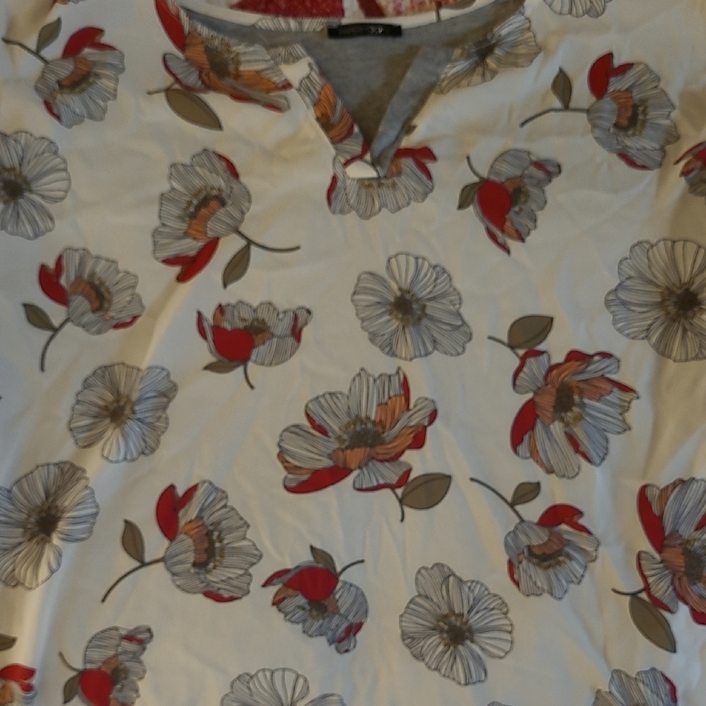 Floral Print Blouse with Red and Gray Accents Mixed Material Paper Moon